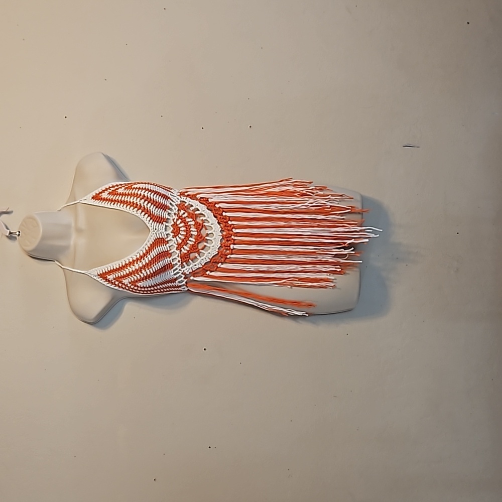 Hand Crafted Crochet Orange White Crop Top Fringe Summer - Picture 5 of 17